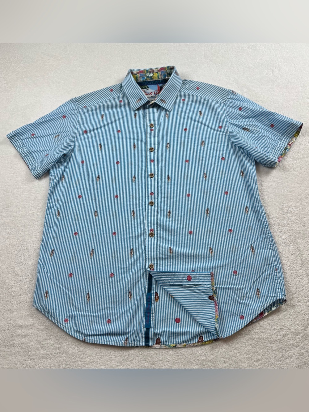 Robert Graham Hawaiian camp shirt L striped blue hula girl & flowers embroidered